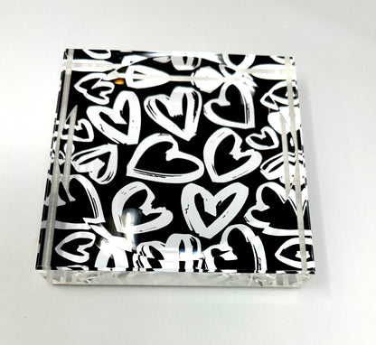 Black And White Love  Hearts Candy Acrylic Block  Candy Dish