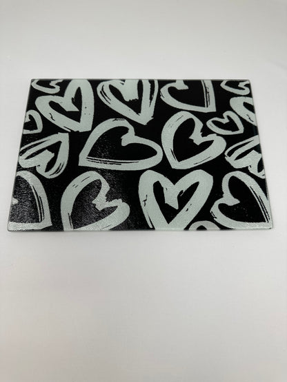 Black and White Hearts Glass Cutting Charcuterie Board