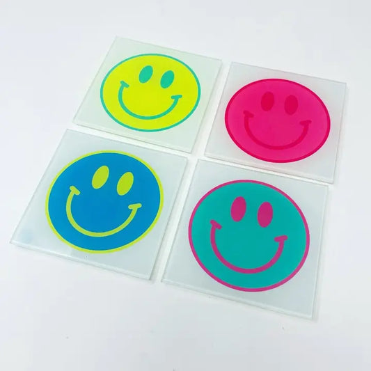 Happy Face Smiley Face Glass Coaster Set