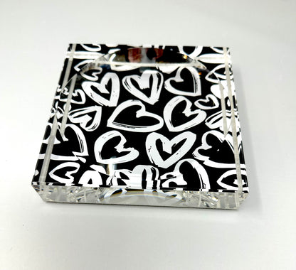 Black And White Love  Hearts Candy Acrylic Block  Candy Dish