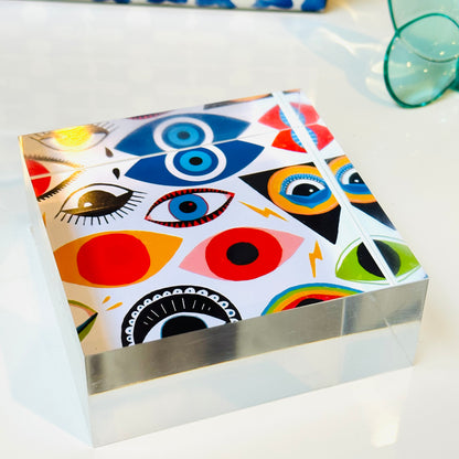 Evil Eye Paperweight Table Art Acrylic Block