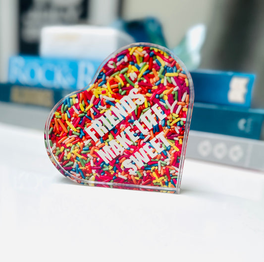 Friends Make Life Sweet Sprinkle Crystal Heart Paperweight Table Decor