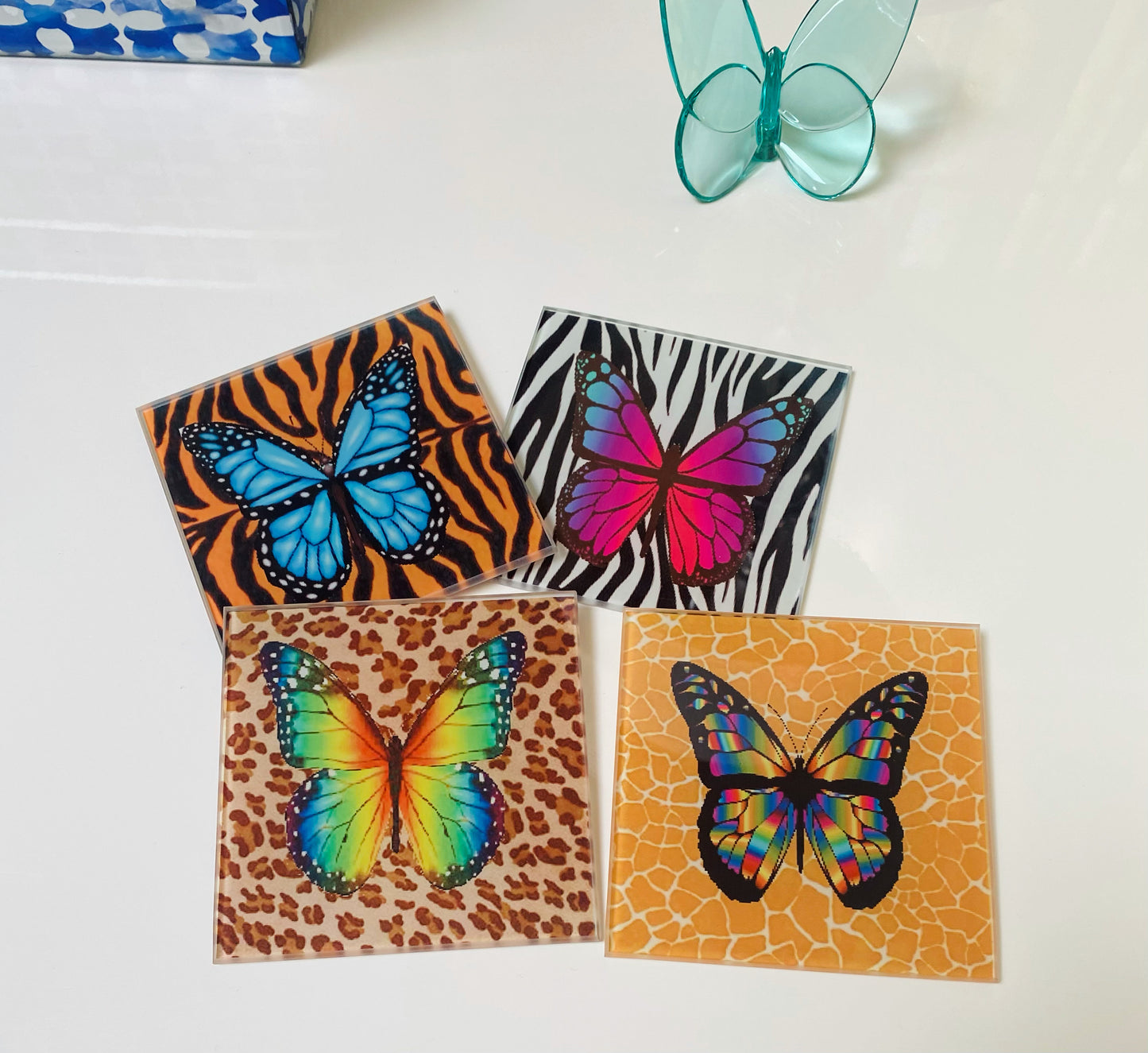 Set Of 4  Butterfly Animal Print Coasters