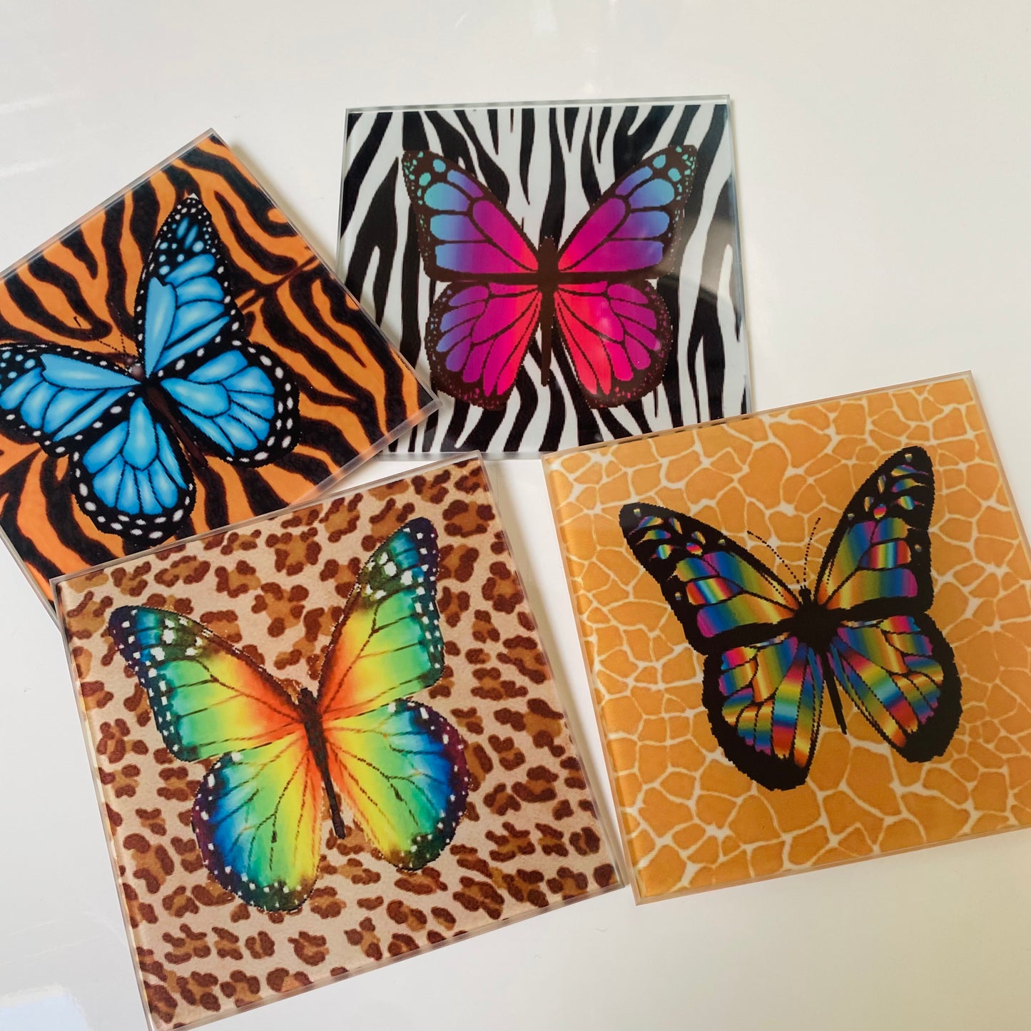 Set Of 4  Butterfly Animal Print Coasters